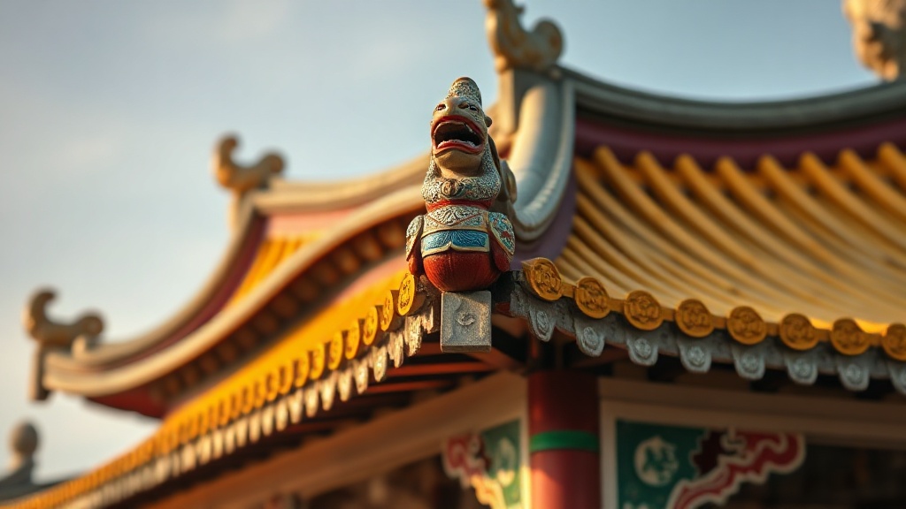 Détail de toiture à double auvent du temple de Yuantong, ornée de créatures mythologiques en céramique vernissée