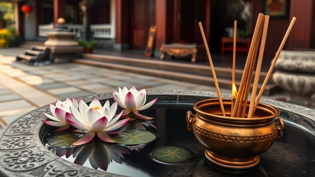 Fleurs de lotus sur le bassin central du temple de Yuantong et bâtons d'encens dans un brûle-encens en bronze