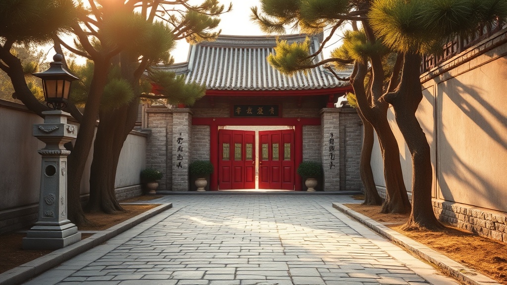 Rue Yuantong menant à la porte d'entrée du temple bouddhiste de Kunming, au lever du jour
