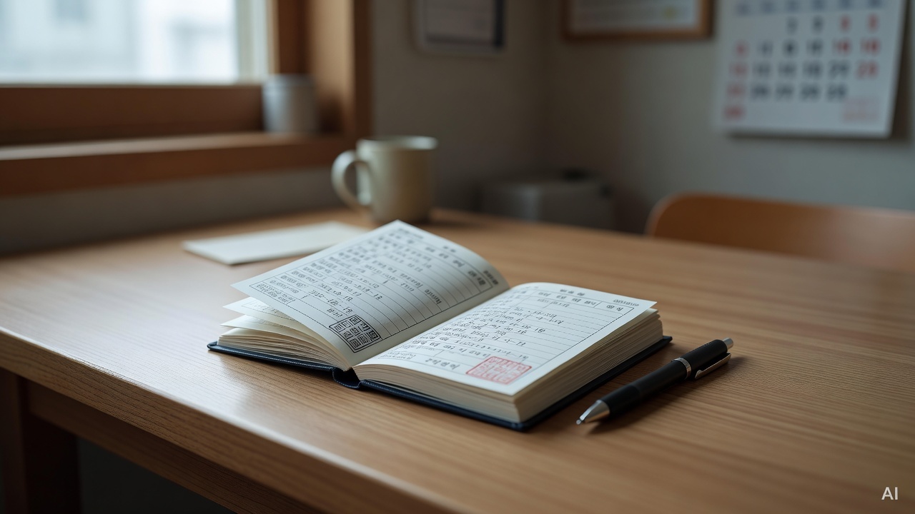 a small vaccination record booklet open on a wooden table with a pen beside it