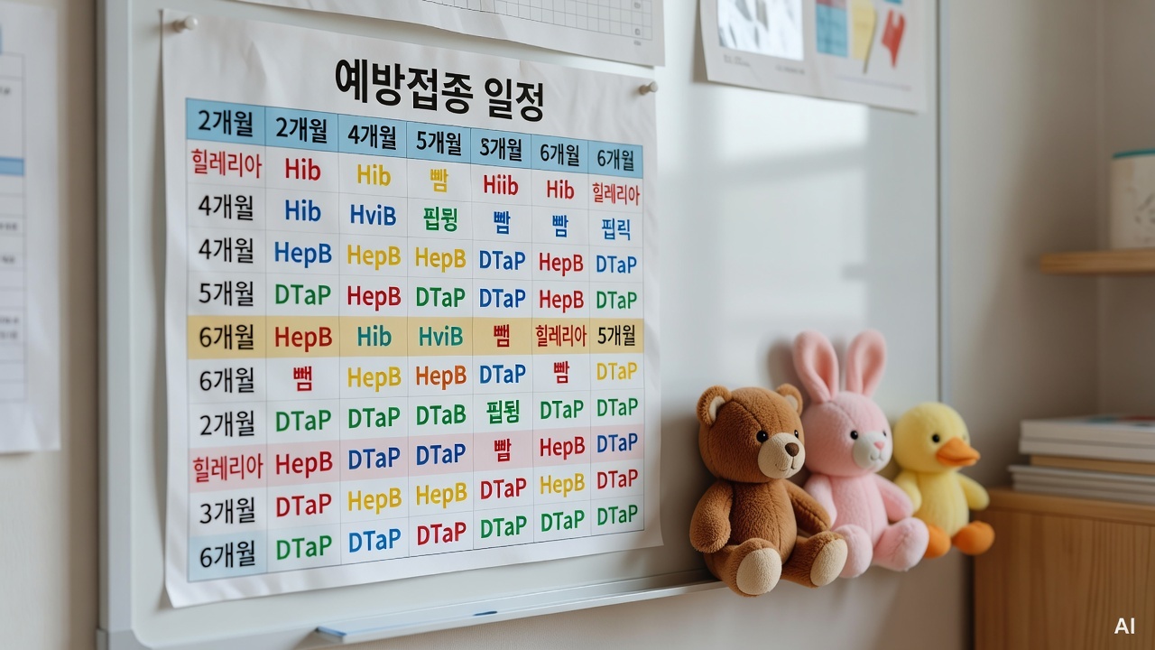 colorful baby vaccination schedule chart pinned on a white bulletin board with small plush toys beside it
