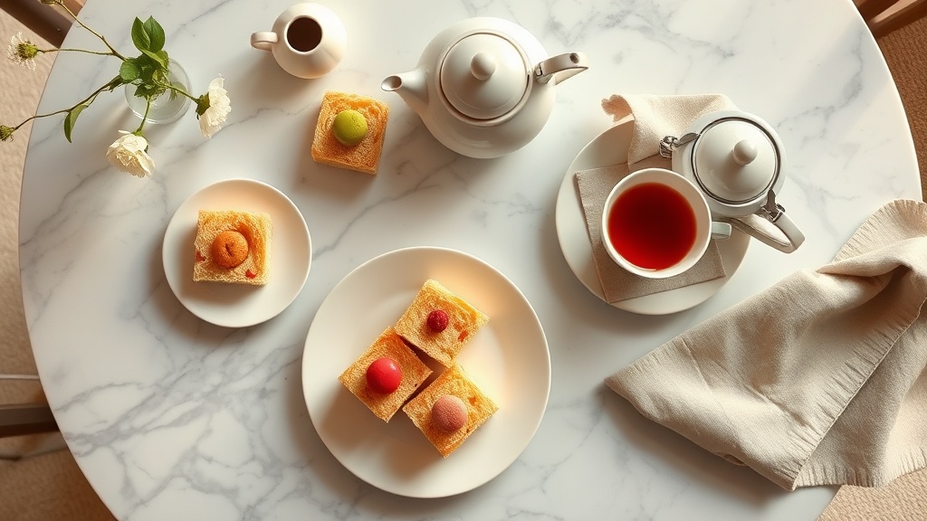Plateau de l'heure du thé avec petits gâteaux, tasse et théière sur table en marbre blanc