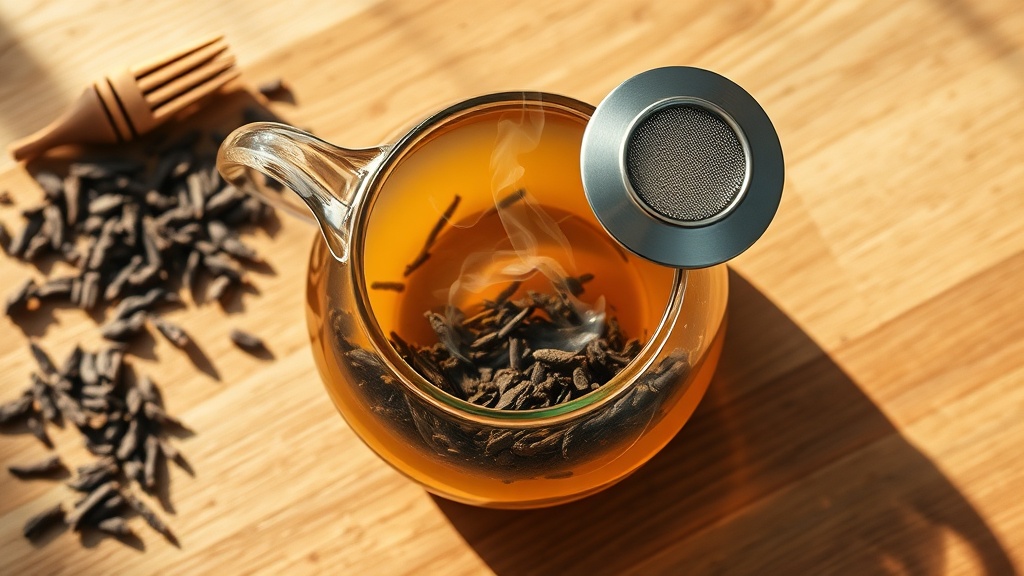 Théière en verre avec feuilles de thé en vrac en train d'infuser sur une table