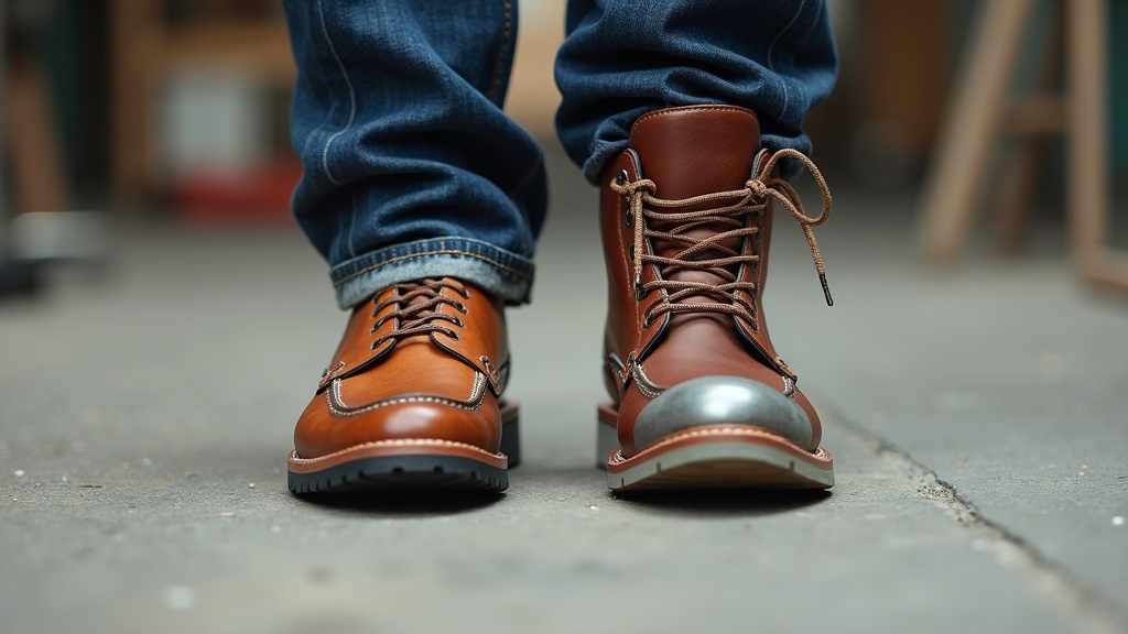 Fashion loafer versus steel toe work boot showing construction differences