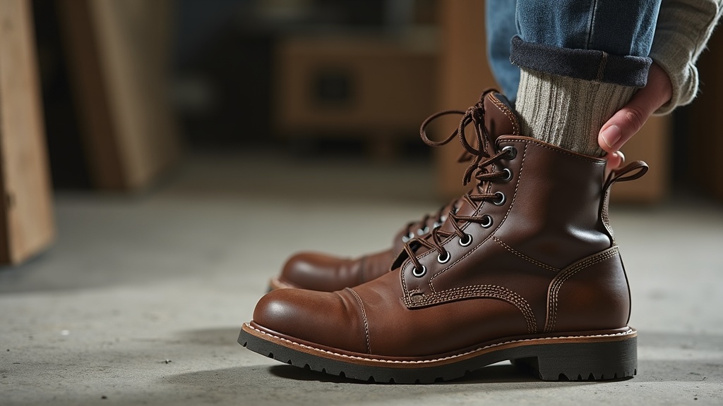Worker pulling on a work boot over a thick sock on a jobsite