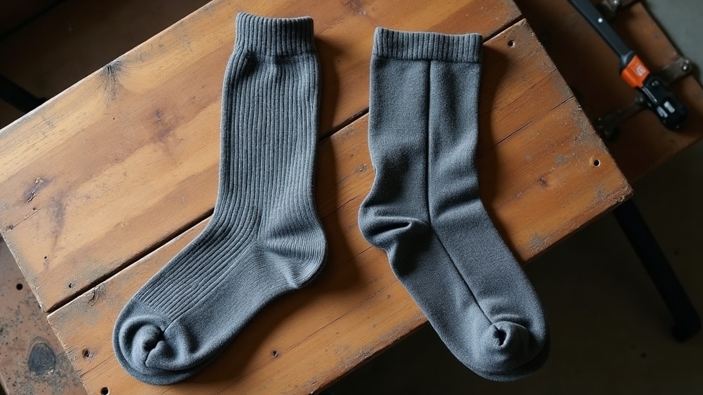 Lightweight merino wool and synthetic work socks with ventilation panels side by side