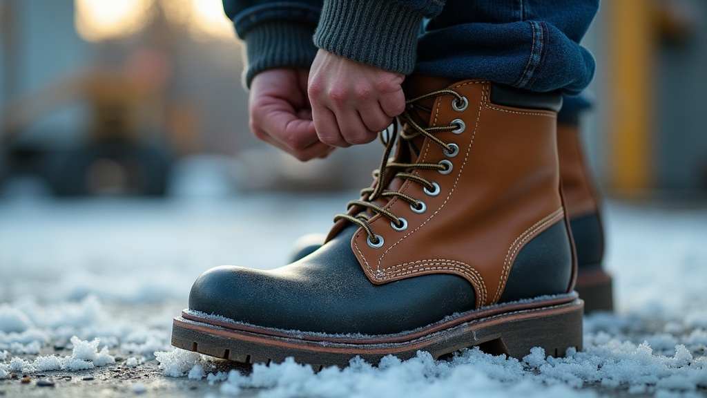 Steel toe work boot with thick winter work sock on frozen jobsite