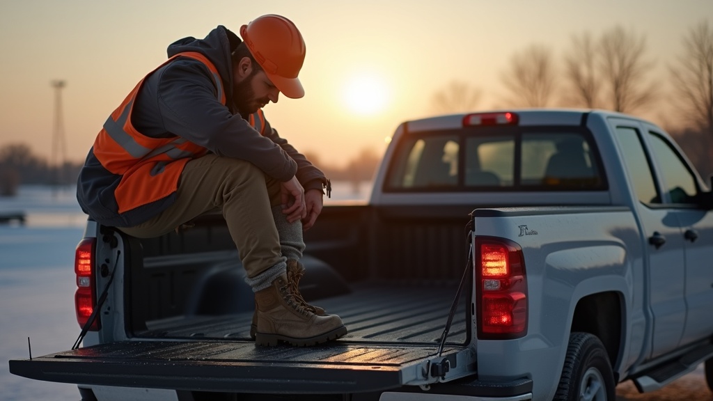 Construction worker putting on winter work socks before steel toe boots