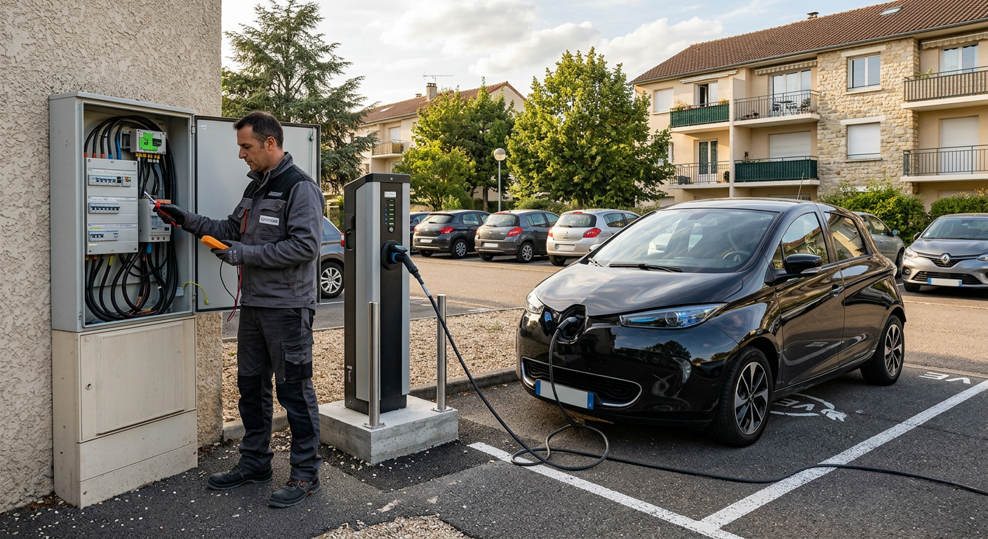 Borne de recharge électrique rapide avec connecteur CCS en copropriété, installateur vérifie tableau électrique en fin d'après-midi