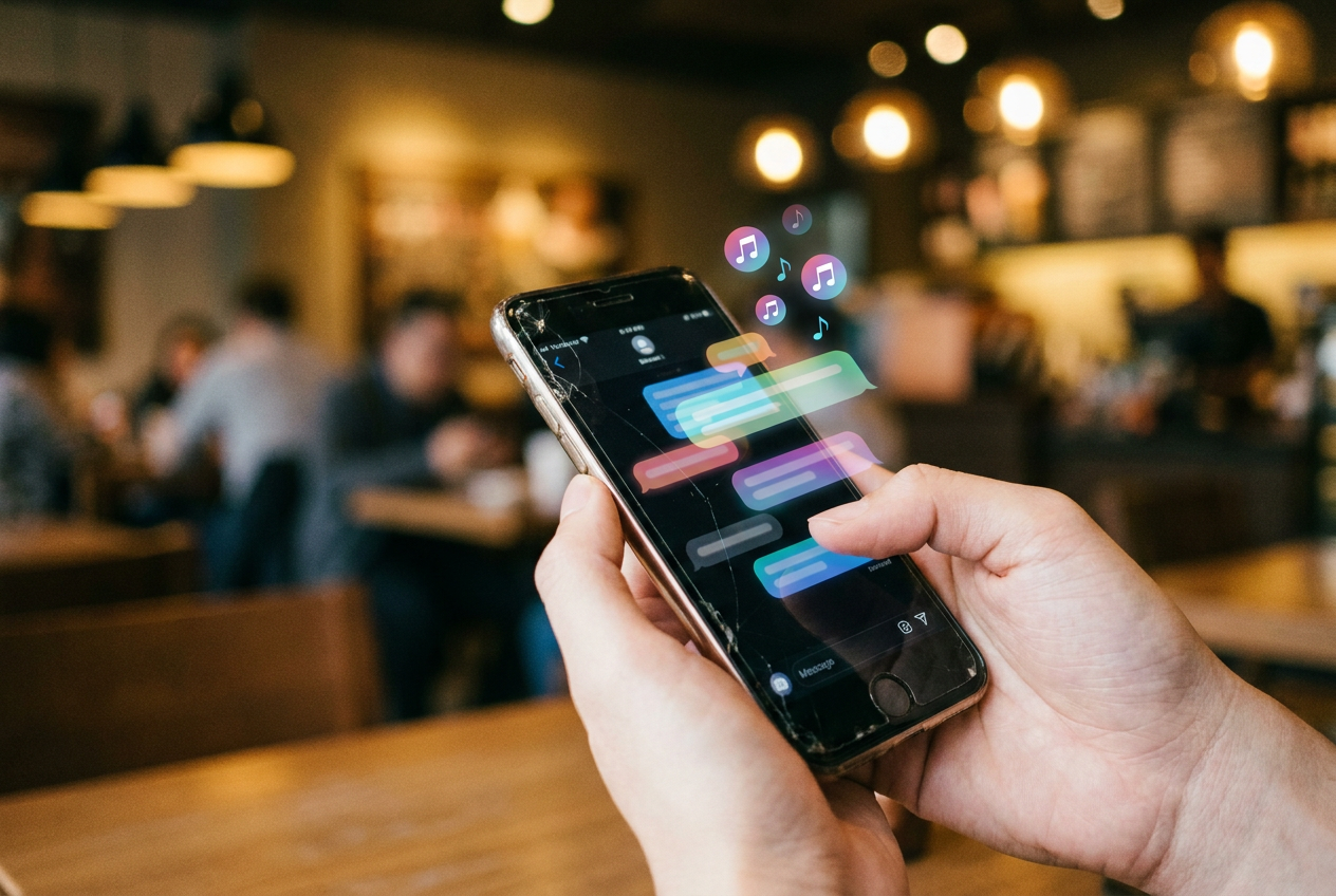 alt text: A smartphone screen showing a Spotify chat interface with glowing AI conversation bubbles recommending music