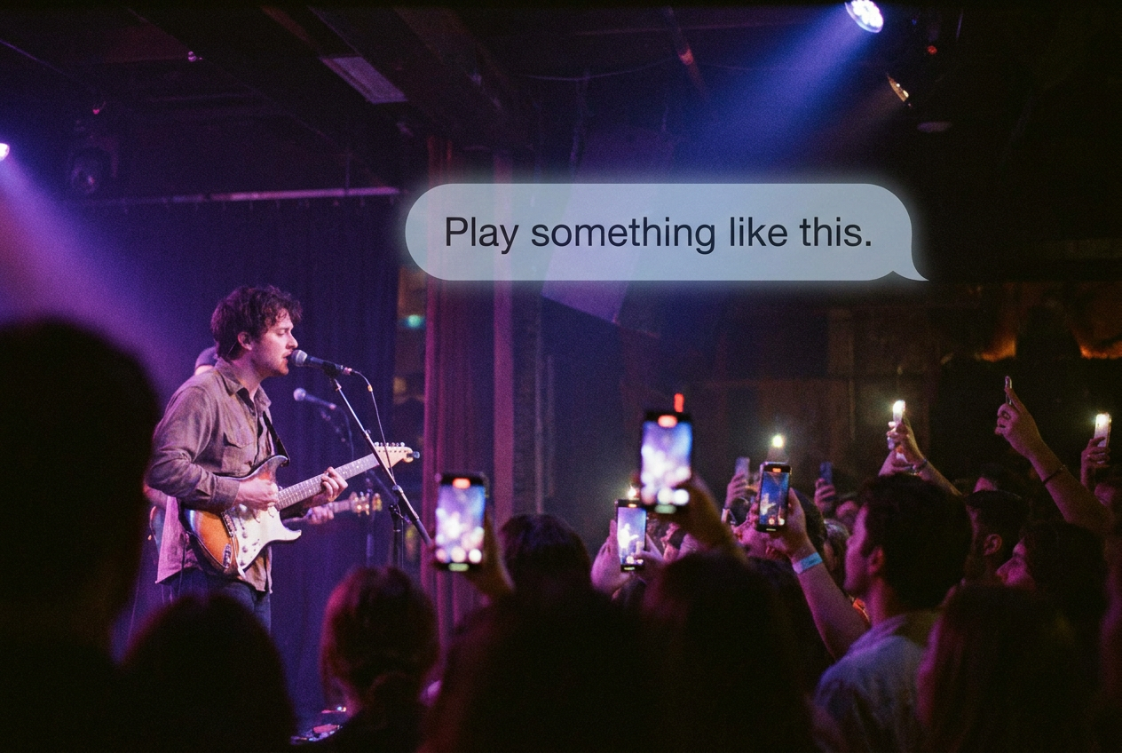 alt text: A musician performing on stage with a floating digital speech bubble showing a Spotify prompt