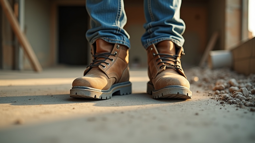 Work boots on a construction jobsite, close ground-level view