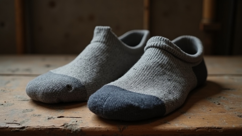 Worn-out sock with heel hole next to a new quality work sock