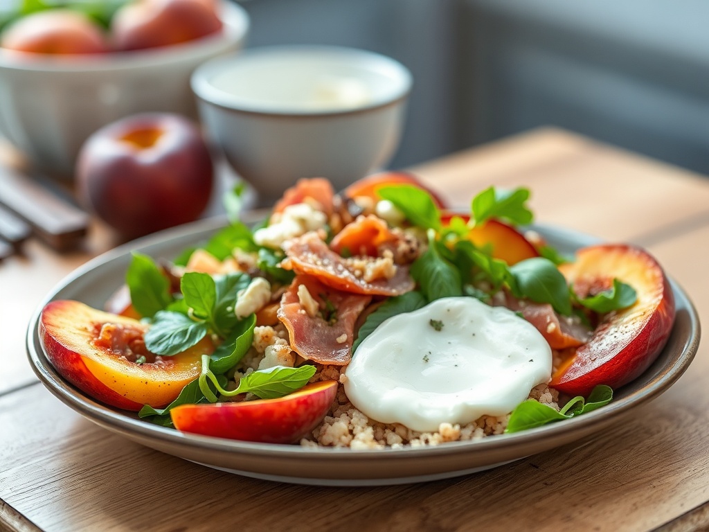 Salade d'été gourmande aux pêches rôties, burrata et jambon croustillant : la recette facile et complète