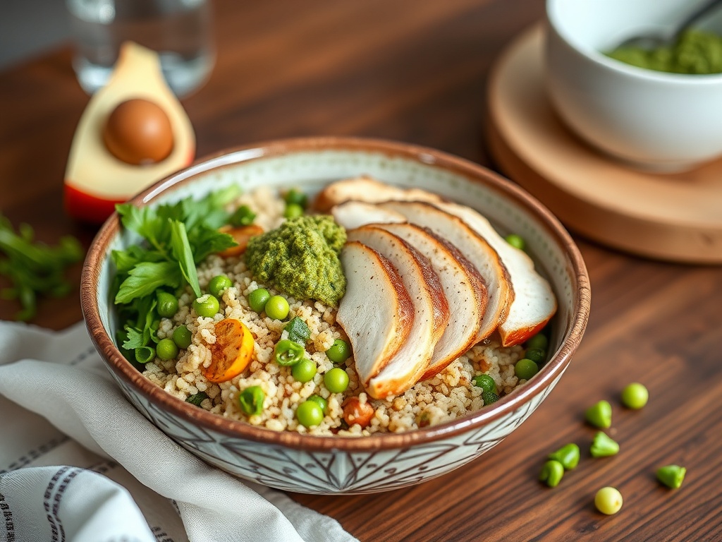 Bowl Sportif Maison : Quinoa aux Asperges, Poulet Citronné et Pesto de Petits Pois (Recette Facile)