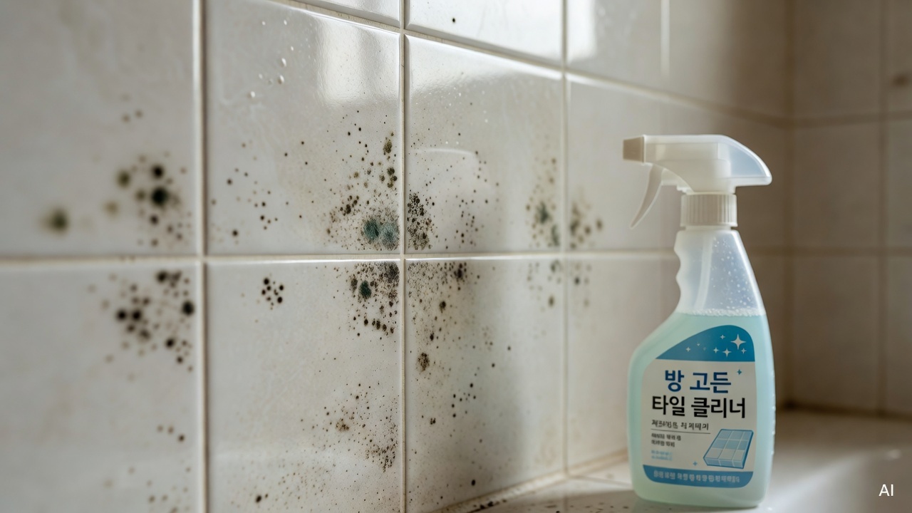 bathroom tile grout with black mold spots, cleaning spray bottle on the side