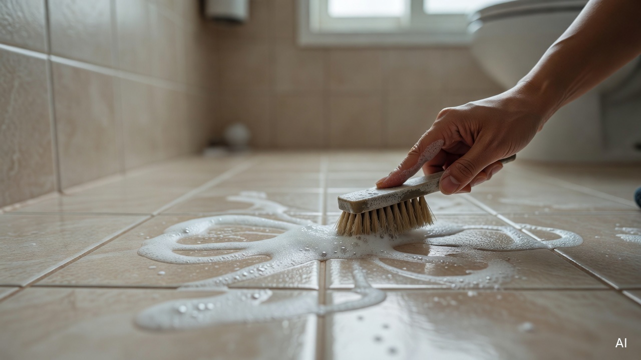 bathroom tile grout being scrubbed with a small brush, cleaning agent applied