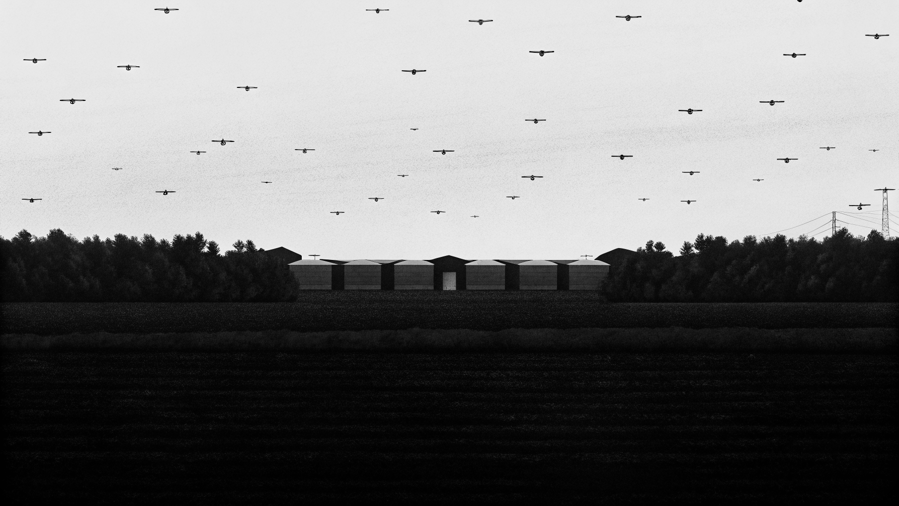 Illustration abstraite de centaines de drones traversant un ciel nocturne pour frapper des entrepôts industriels en Russie
