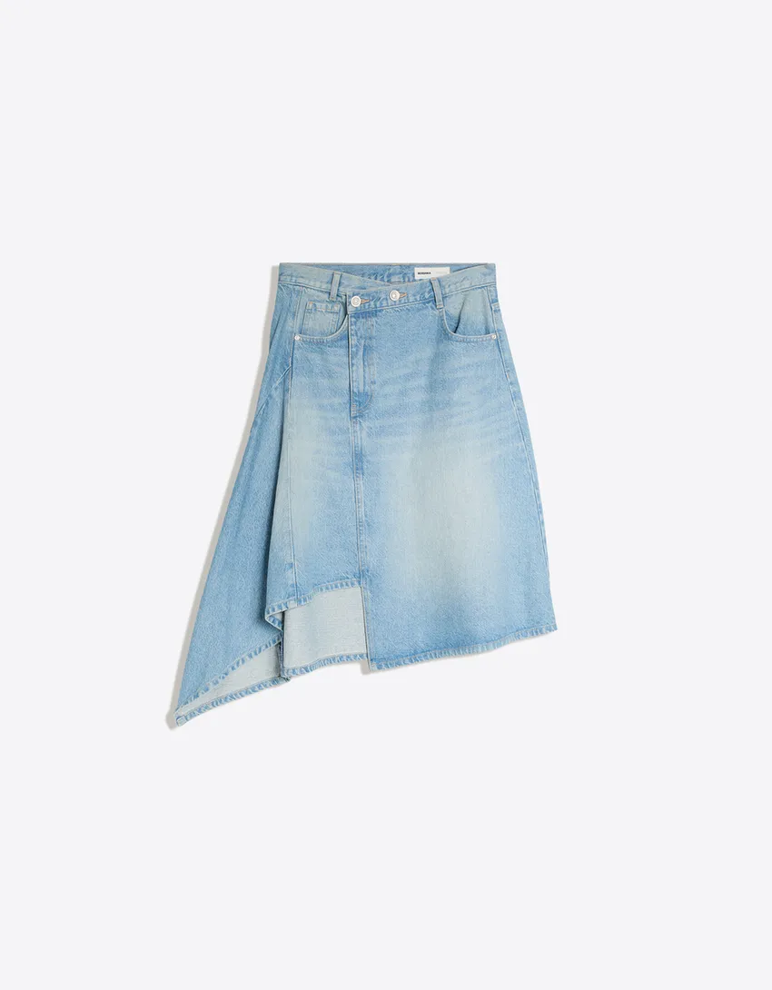 bershka, ASYMMETRIC DENIM MIDI SKIRT