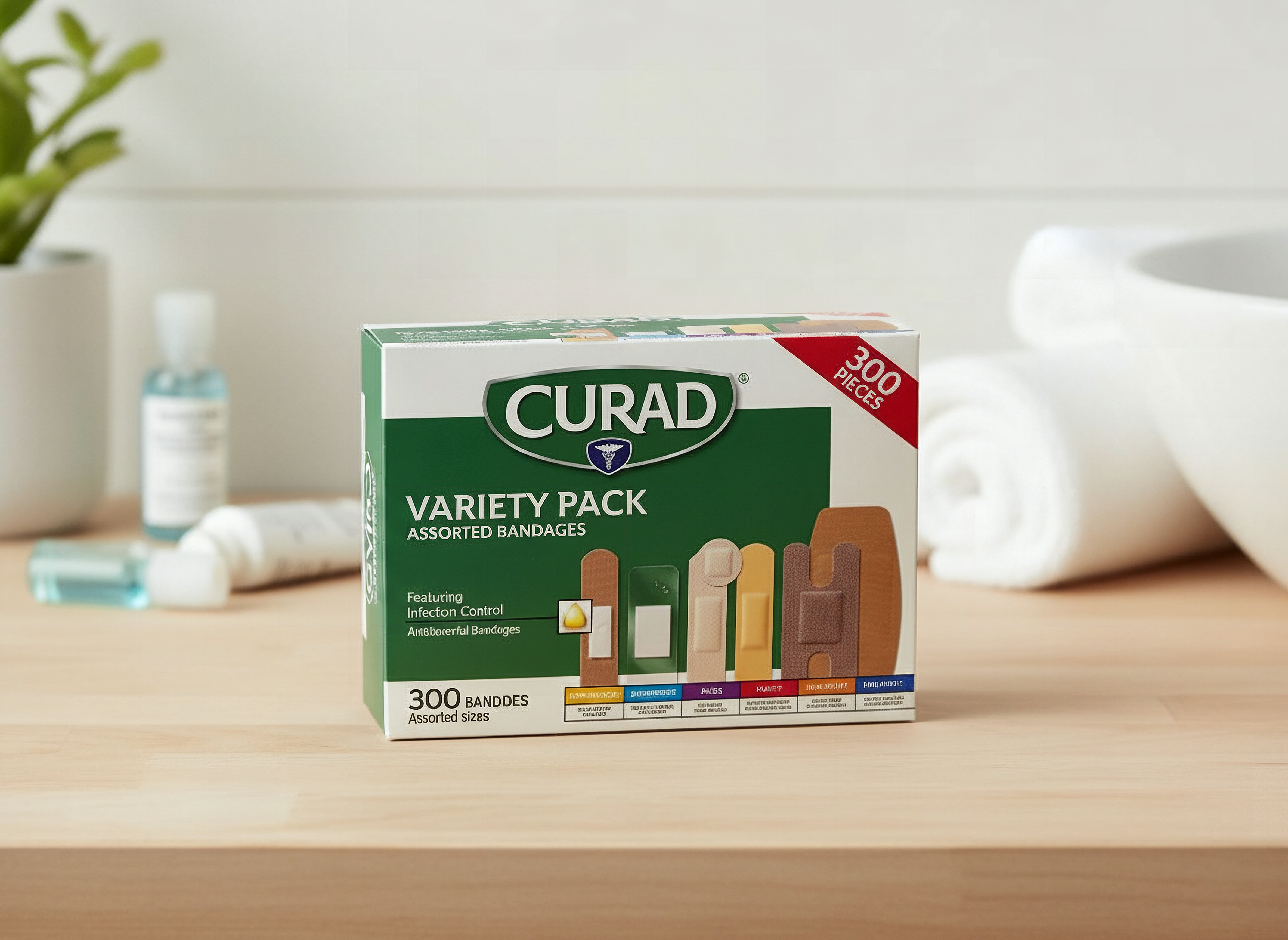 Macro close-up of CURAD assorted bandages fanned to display multiple styles and textures