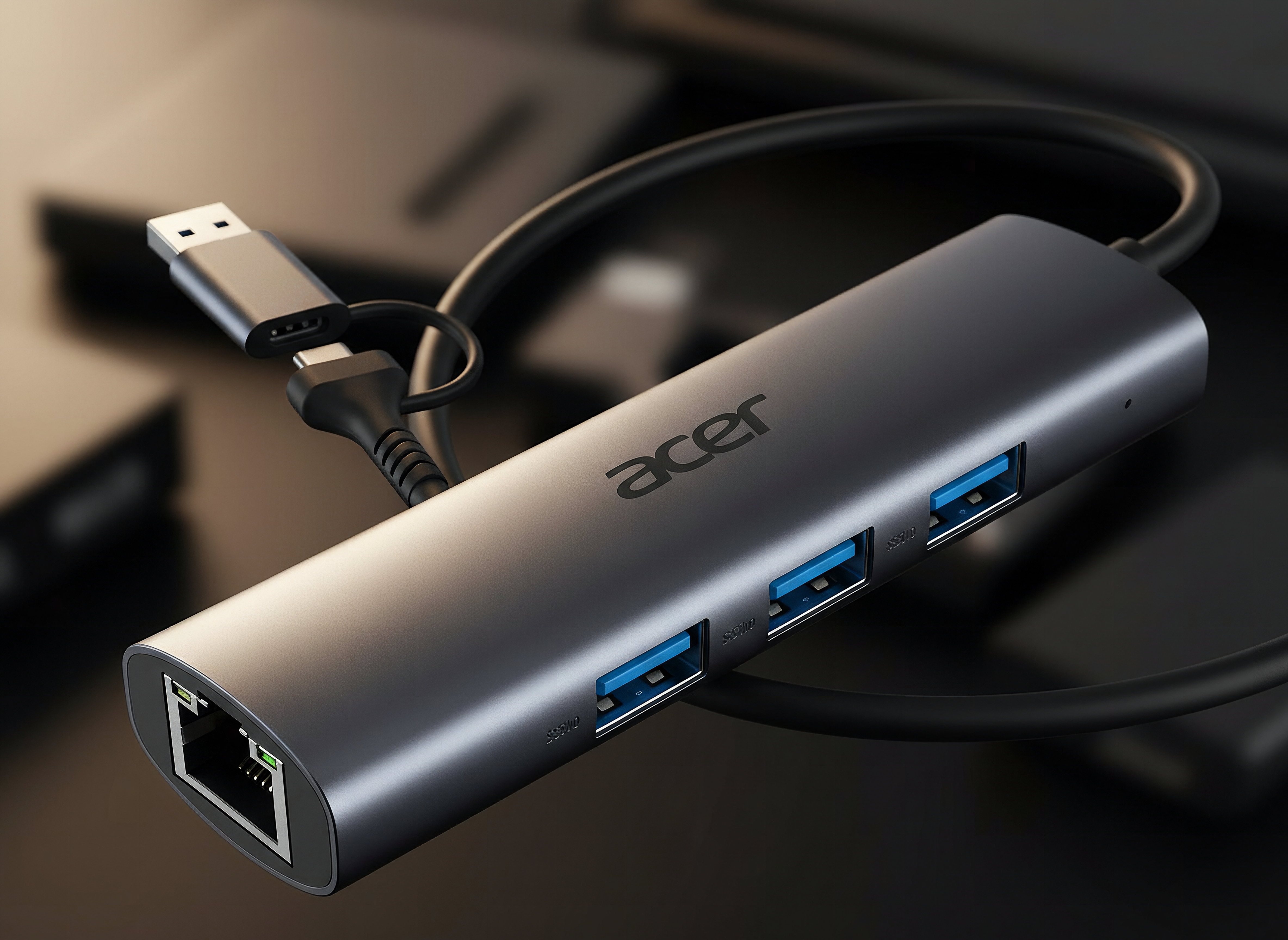Macro close-up of Acer USB-C hub adapter showing aluminum ports, USB connectors, and heat dissipation detail