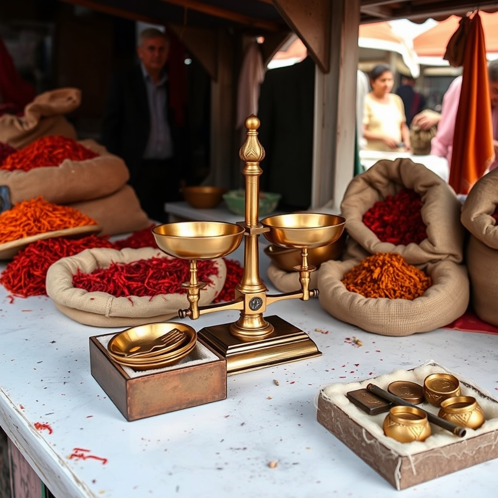 A two-pan brass balance on a shaded stall counter, saffron on the left pan, four weights waiting — 1, 3, 9, 27, and that's the whole trick.