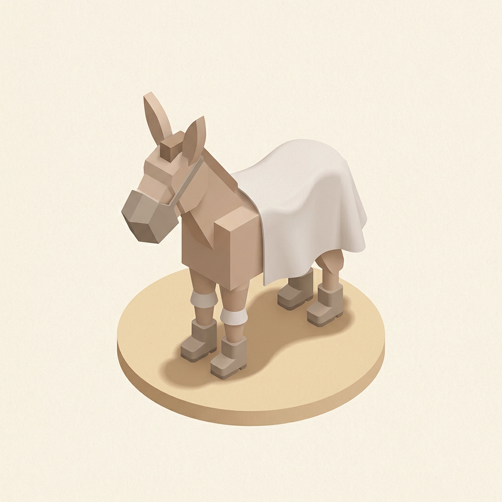 Illustrated explainer showing a complete mini donkey fly protection system — fly boots on legs, fly mask on face, and fly sheet on body — presented as a simple isometric animal form with each protective element highlighted