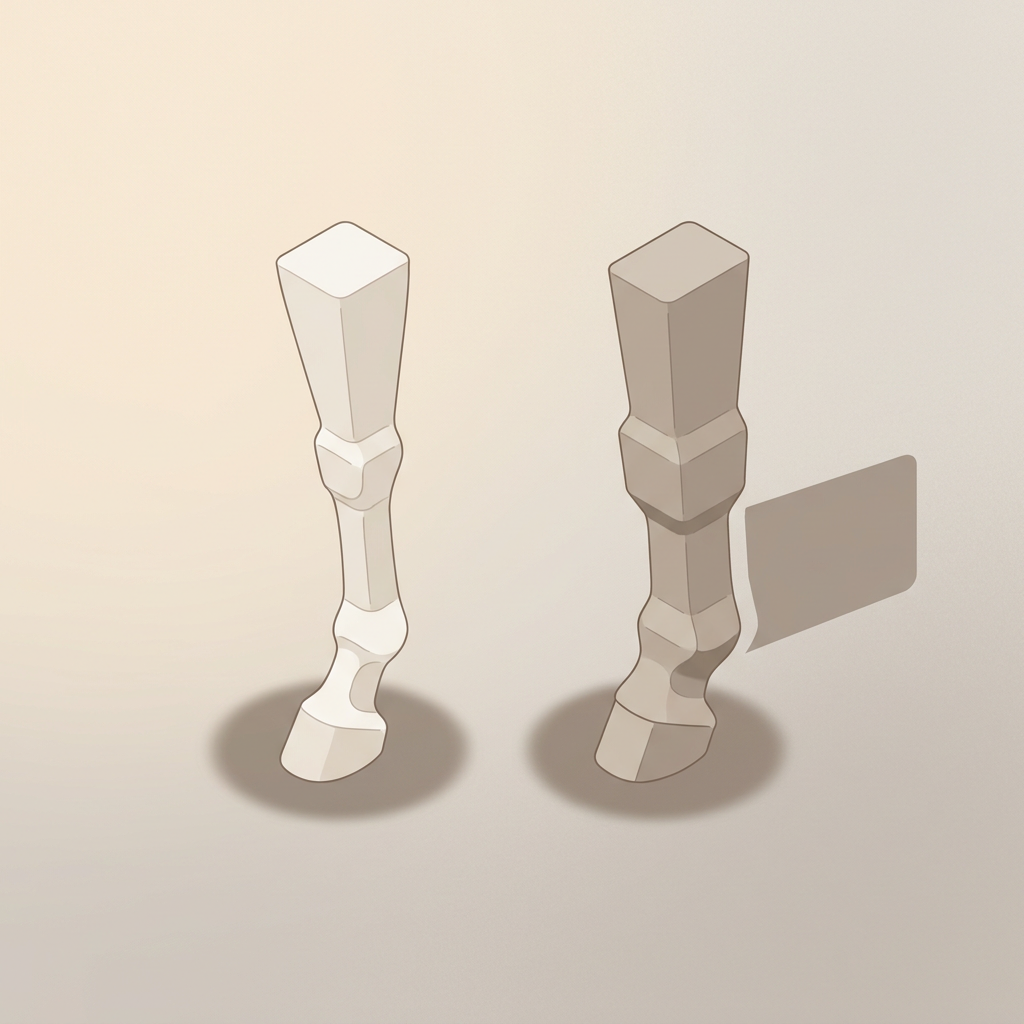 Anatomical comparison diagram showing the leg proportions of a mini horse versus a mini donkey, highlighting differences in cannon bone shape and fetlock area that affect fly boot fit