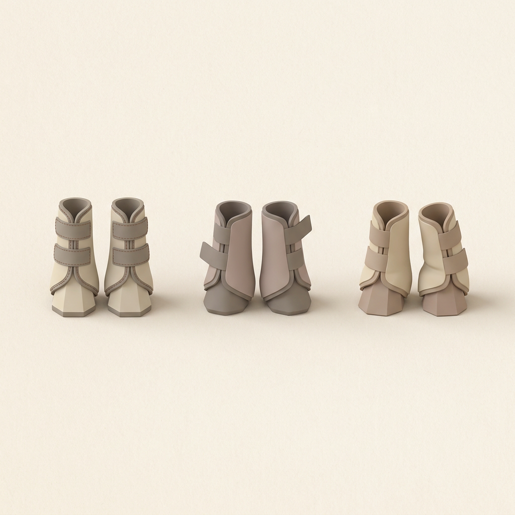 Product comparison visual showing three fly boot styles arranged for evaluation — purpose-built mini donkey boots, resized mini horse boots, and generic pony boots — illustrating fit quality differences through visual cues like closure alignment and boot shape