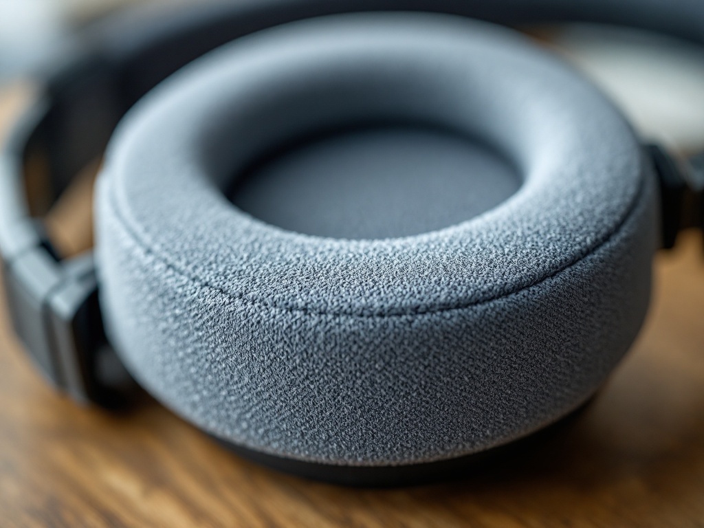 Macro close-up of PlayStation Pulse 3D headphone ear cup with fresh foam padding restored to like-new condition