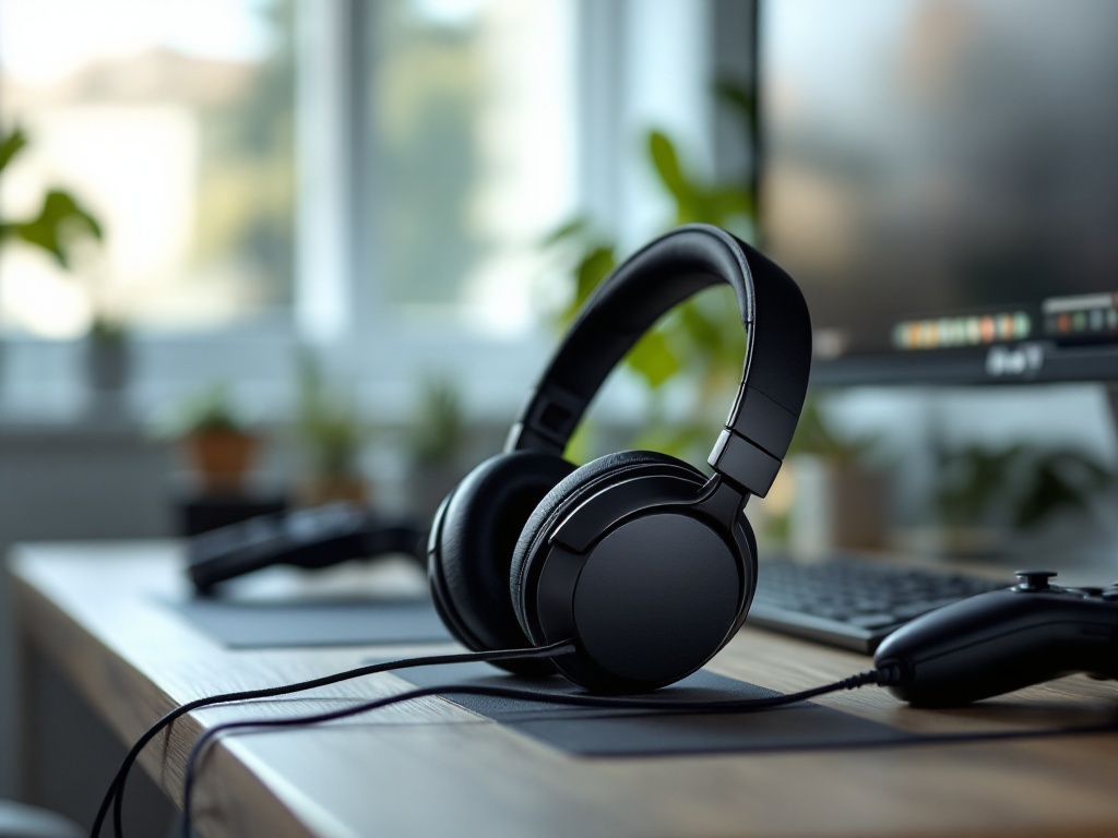 PlayStation Pulse 3D headphones displayed on a gaming desk setup with controller and monitor in the background