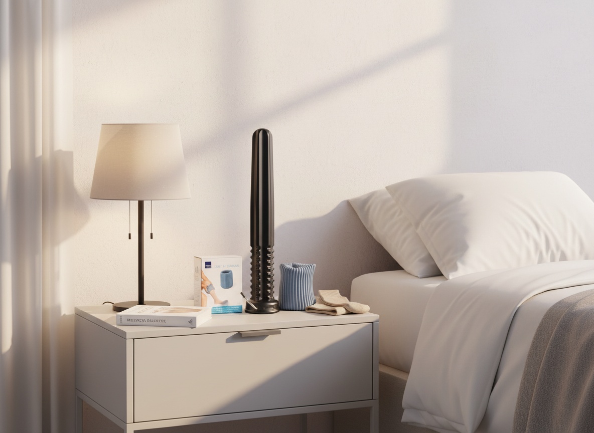 Doff N' Donner compression sock aid and socks displayed on a bedside table in a bedroom corner with natural light