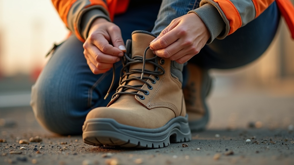 Mujer trabajadora ajustando botas de seguridad con soporte de arco para pronación