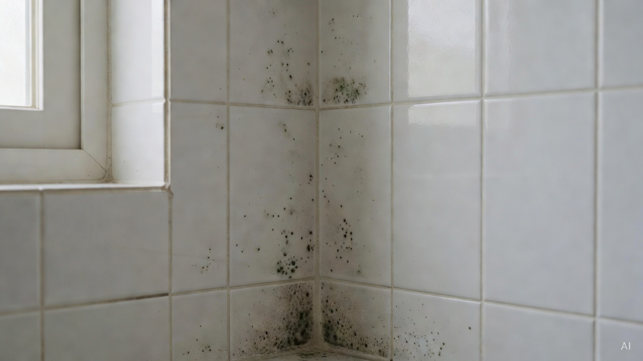 bathroom wall corner with dark mold spots near white tile grout