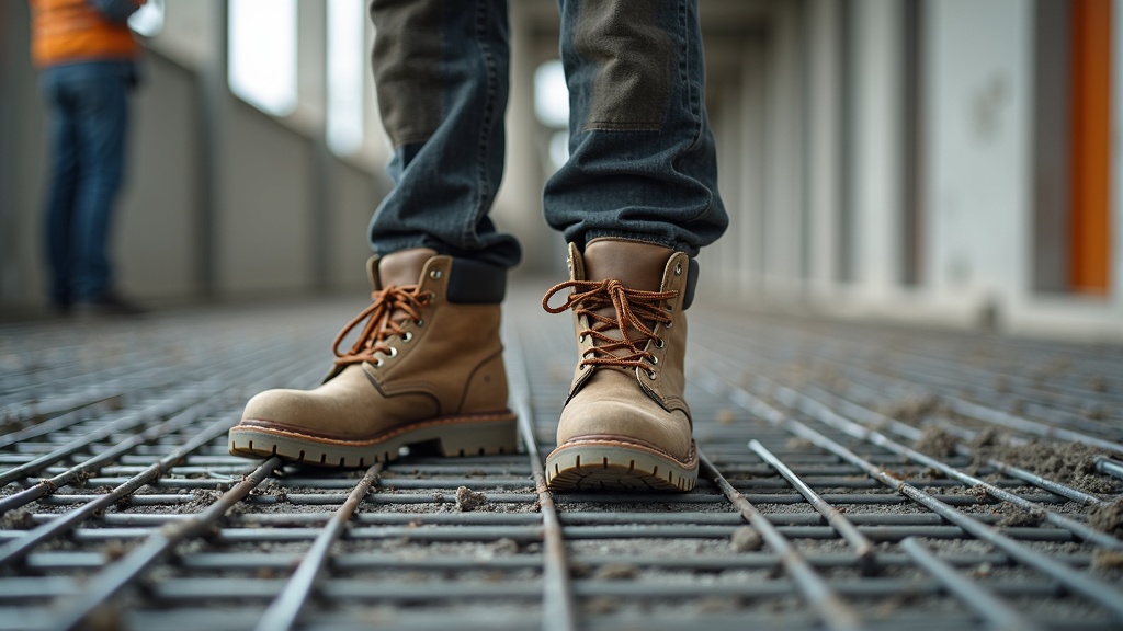 Trabajador de construcción con botas de trabajo de suela gruesa en piso de obra