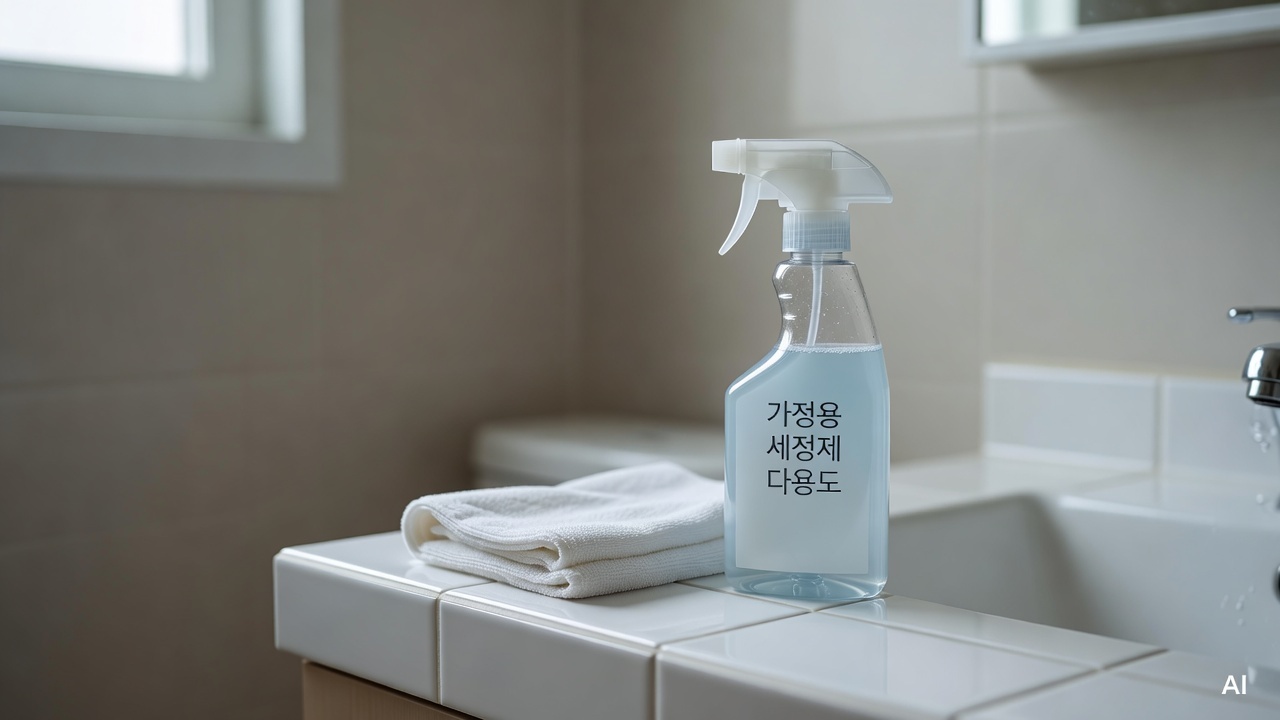 cleaning spray bottle and white cloth on bathroom tile surface
