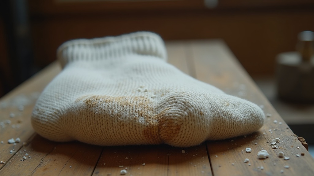 Worn cotton work sock showing moisture damage and heel thinning