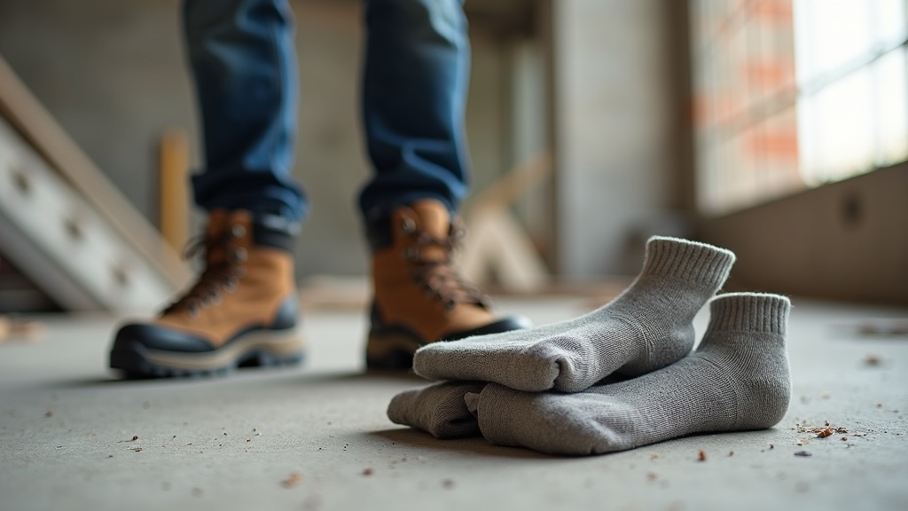 Bamboo work socks next to steel-toe boots on a construction site