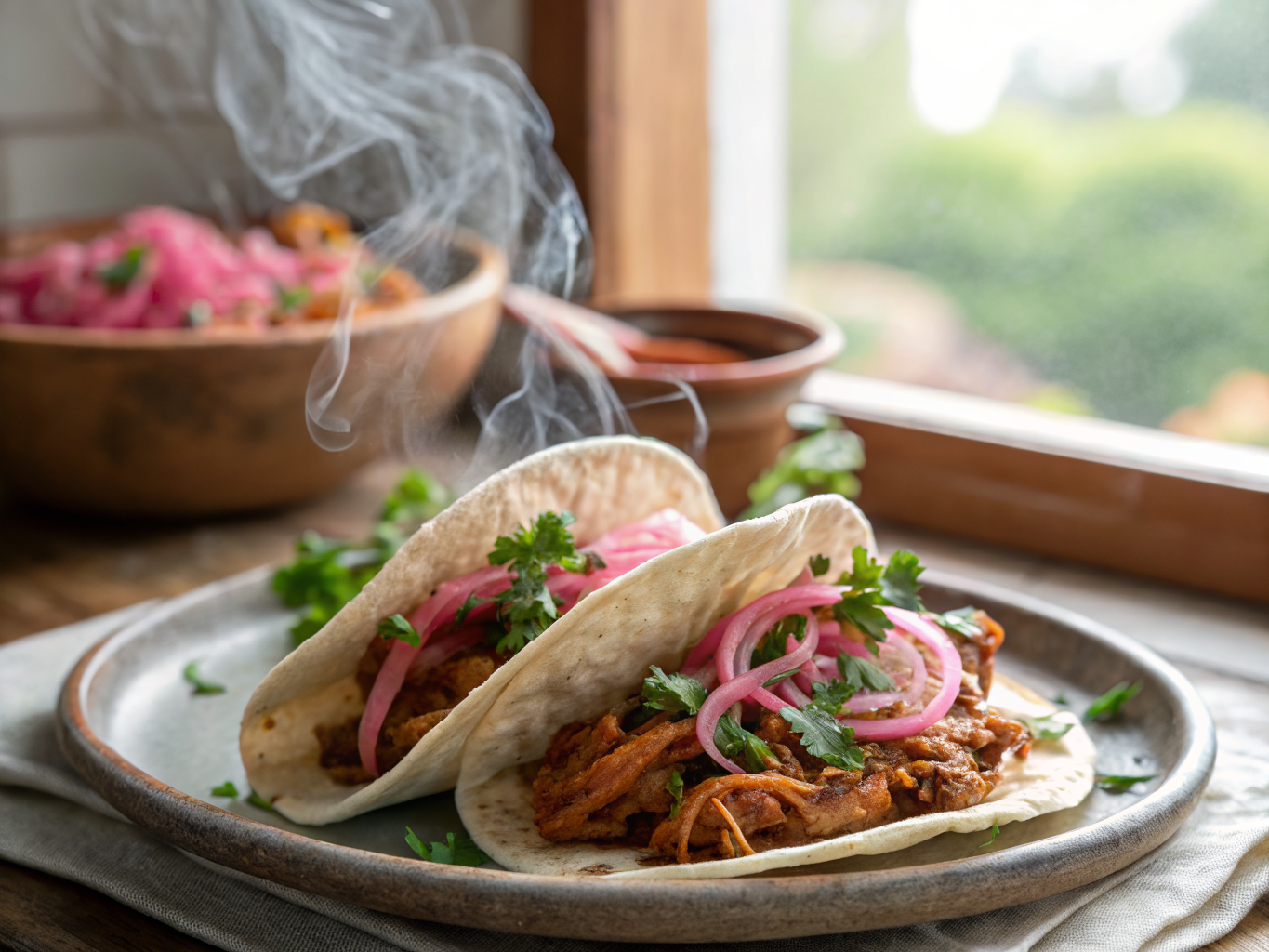 Smoky Chipotle Chicken Tinga Tacos with Pickled Red Onions