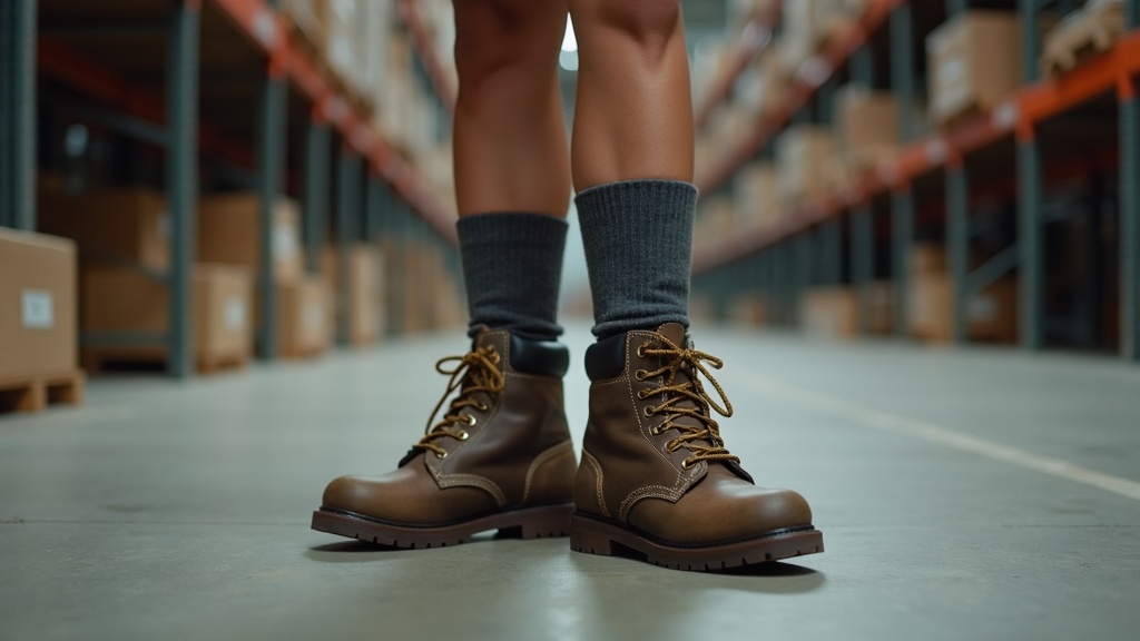 Women's non-binding work socks inside steel-toe work boots on warehouse floor