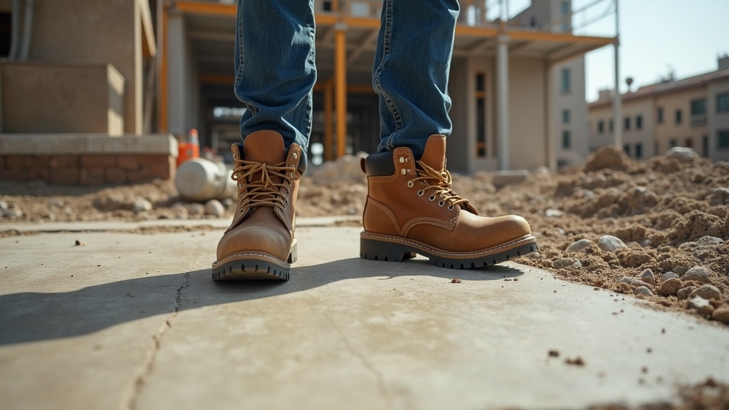 Steel-toe boots on hot concrete at a summer construction site