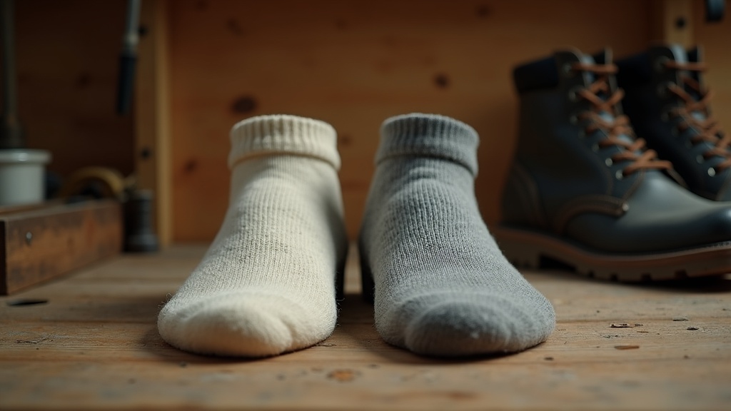 Merino wool vs bamboo work socks comparison on a jobsite workbench