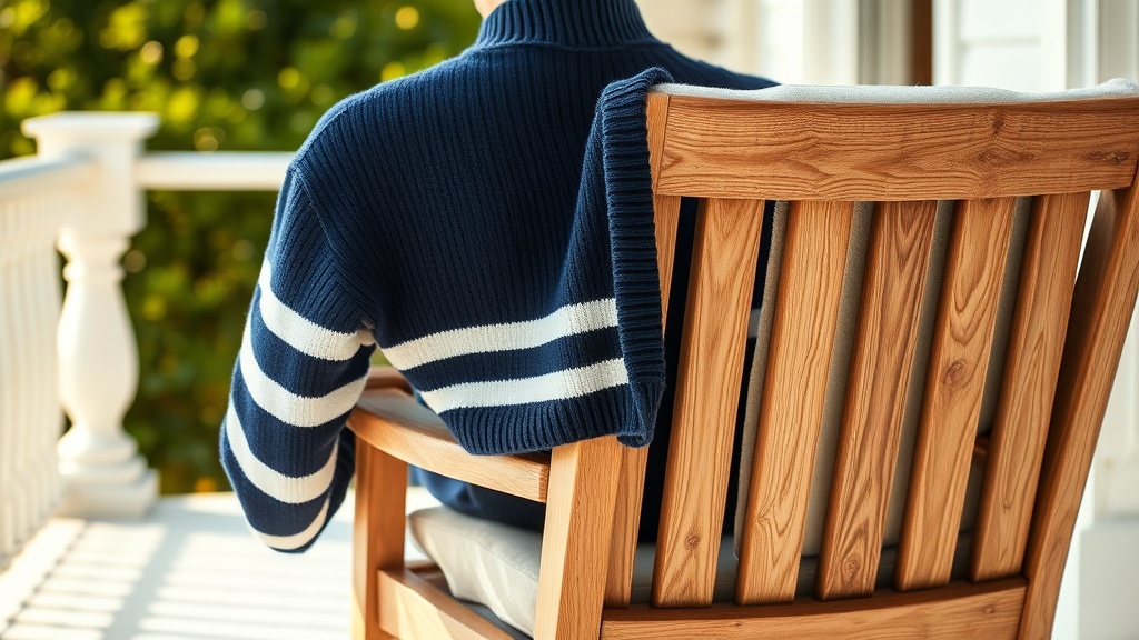 Navy and white striped knit half-zip sweater draped over a wooden chair on a bright club terrace