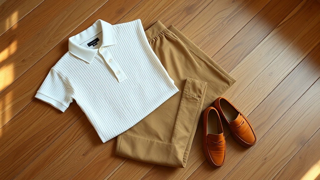 Flat lay of classic tennis club outfit: white ribbed knit polo, camel linen trousers, and tan suede loafers on oak floor