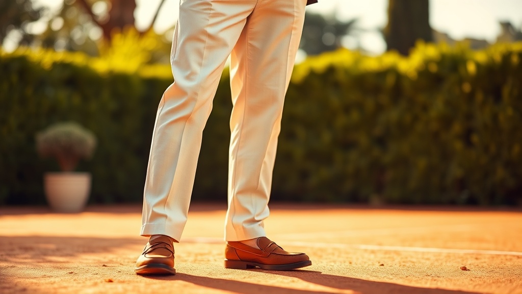 Tailored ivory linen trousers and tan suede loafers on a sunlit tennis club terrace