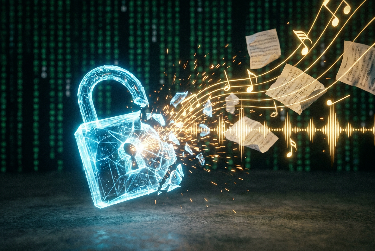 alt text: A glowing digital lock being shattered into fragments with musical notes and waveforms escaping from the cracks, set against a dark background with code scrolling behind it