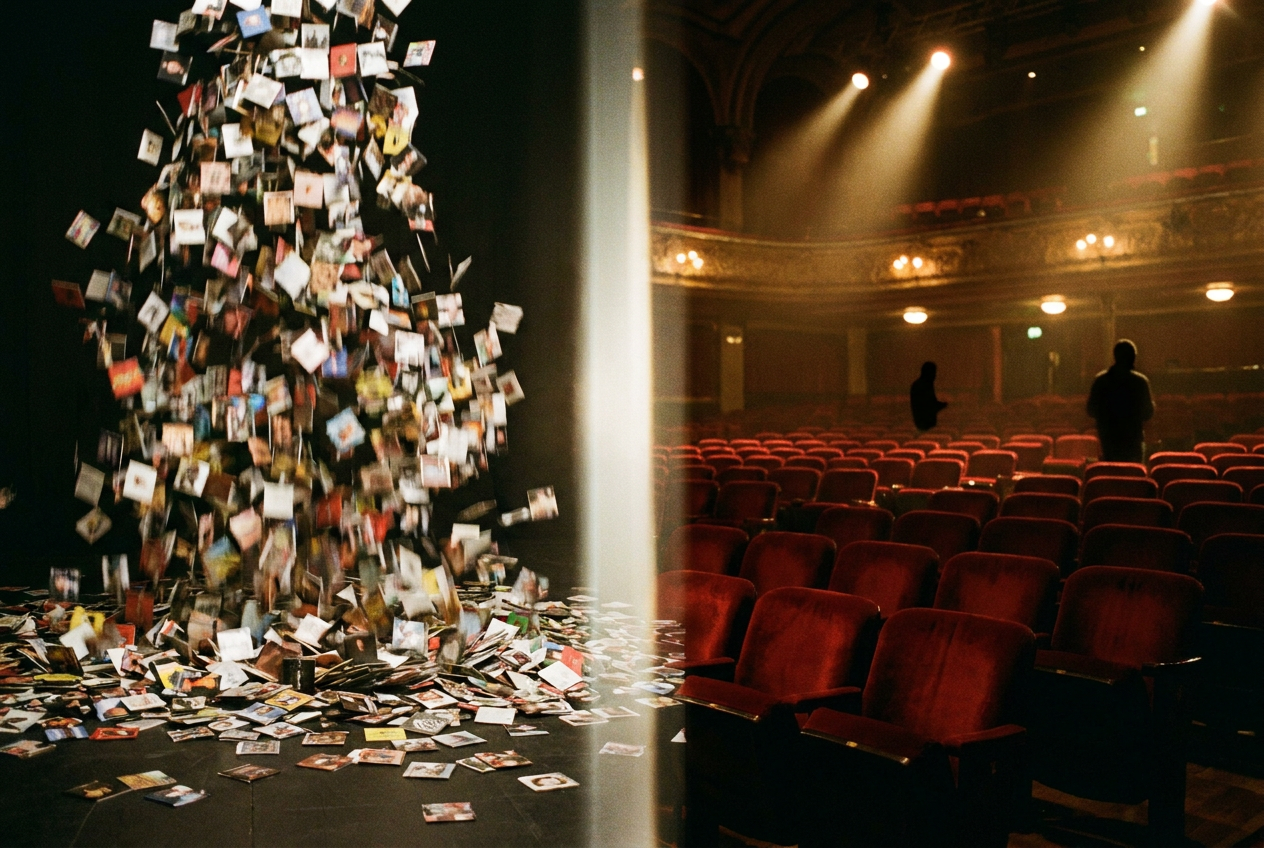 alt text: A split-screen visual showing a massive flood of colorful music track thumbnails on one side and a near-empty concert venue on the other