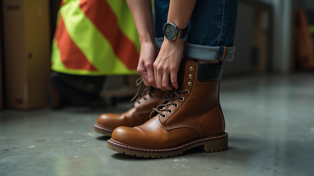 Woman lacing up work boots in a warehouse