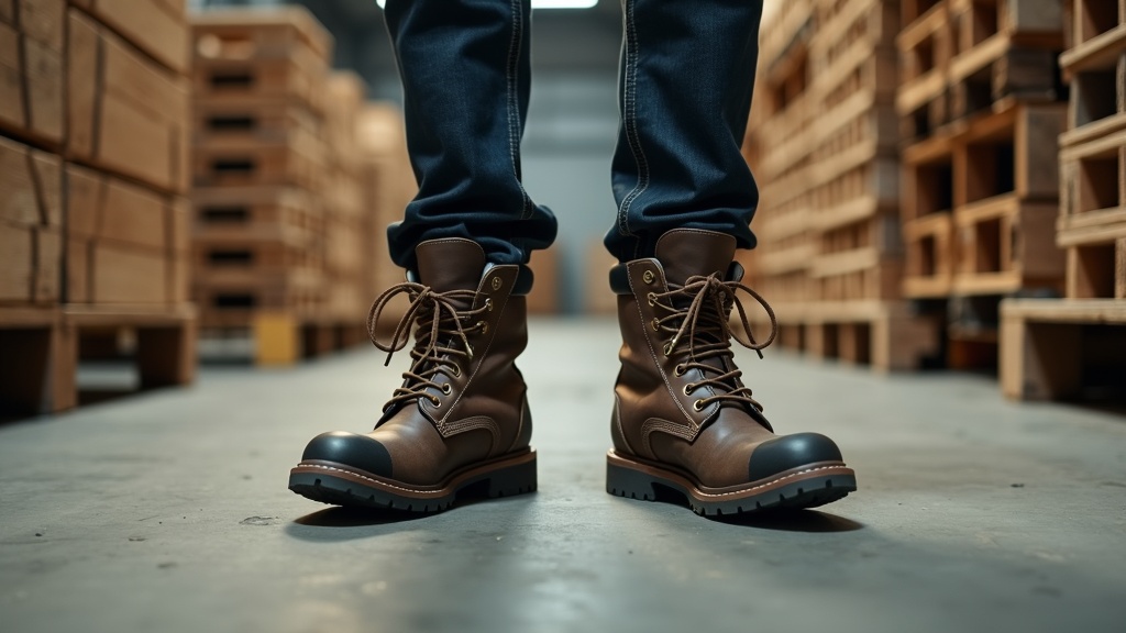 Warehouse worker in steel toe boots standing on concrete floor