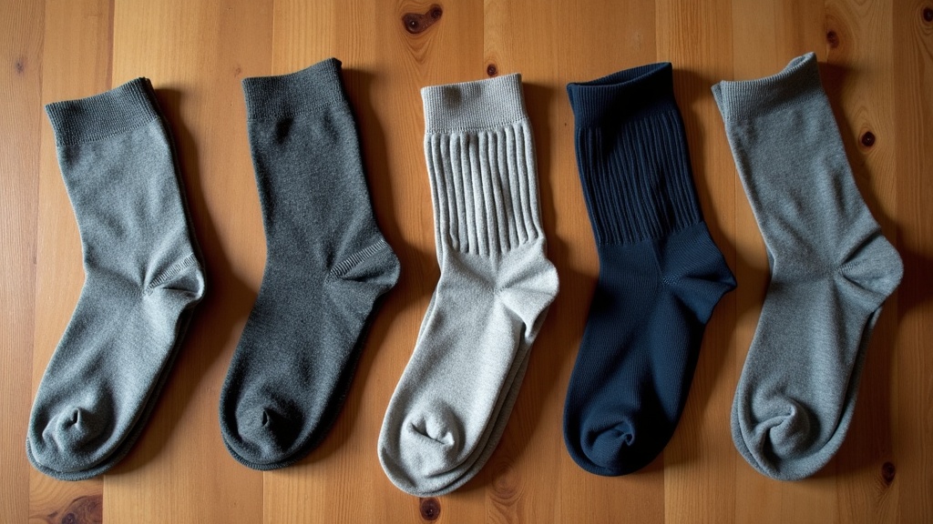 Comparison of five different warehouse work socks side by side